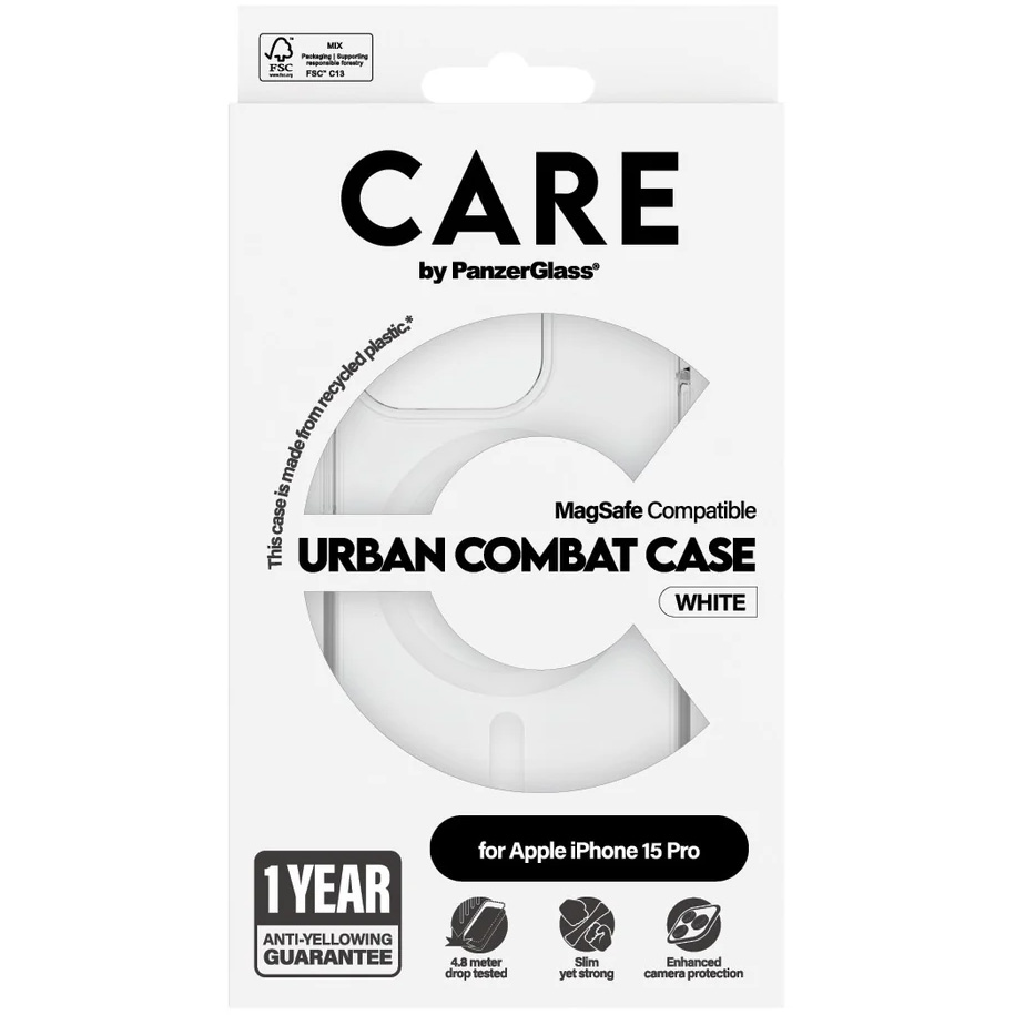Etui CARE by PanzerGlass Urban Combat Case z MagSafe do iPhone 15 Pro, przezroczyste z białymi magnesami MagSafe.